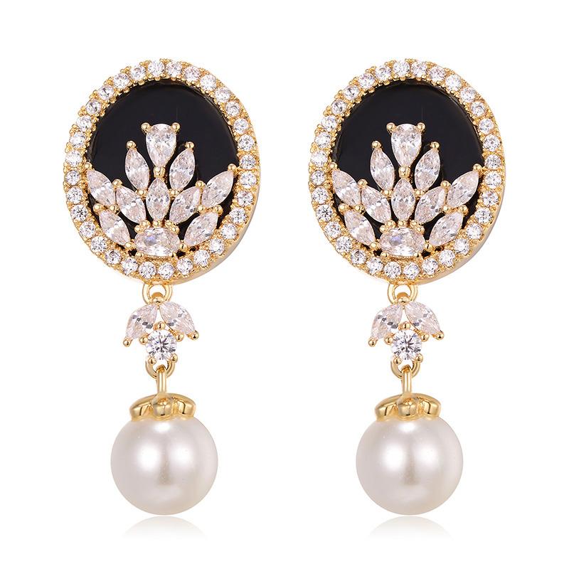 

Zircon Pearl Drop Earrings For Women New Copper Black Round Pendant Earring Fashion Jewelry boucle d'oreille femme 2020