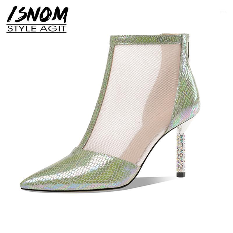 

ISNOM Sexy Mesh Booties Women Shoes Stiletto High Heels Shoes Woman Patent Leather Ankle Boots Ladies Pointed toe1, Green