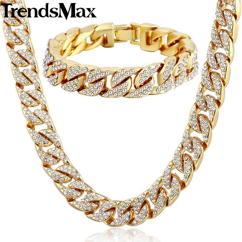 

Trendsmax Hiphop Miami Curb Cuban Womens Mens Necklace Bracelet Jewelry Set Bling Iced Out Gold Silver Color 14mm GS2591, As pic