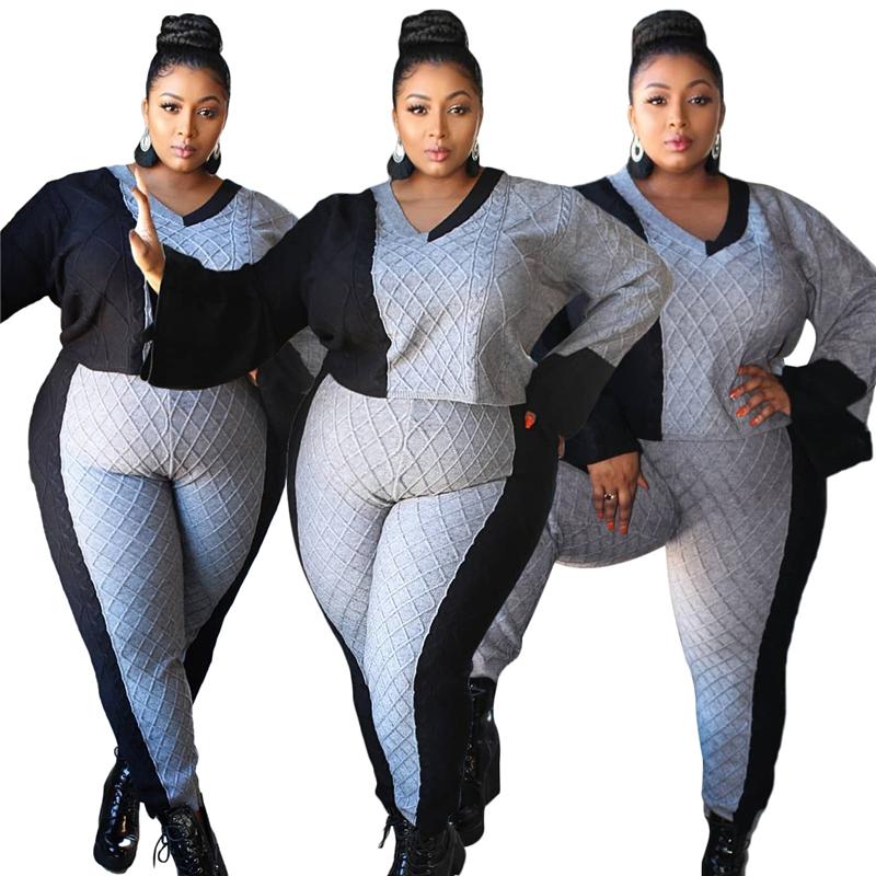 

Knitted Two Piece Women Sets Long Sleeve Plaid Sweater and Sweatpants Baggy Casual Plus Size Tracksuit Bulk Items Wholesale Lots, Gray