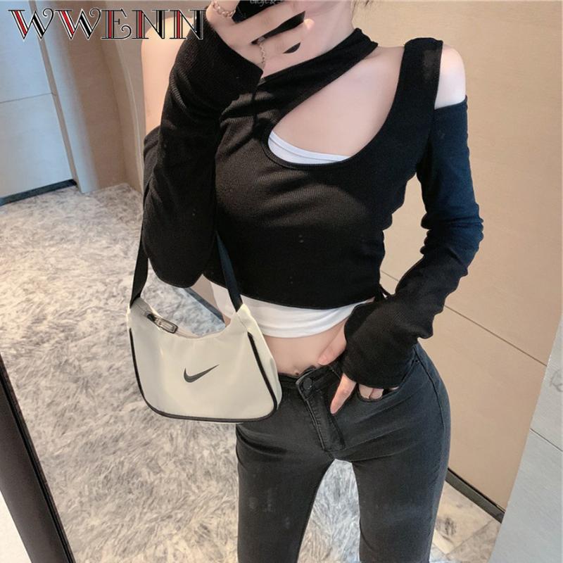 

WWENN Solid Basic Long Sleeve Sexy Womens Tshirt Casual Splicing Black White Fashion Crop Top T Shirt Ladies Fashion Korean Tee