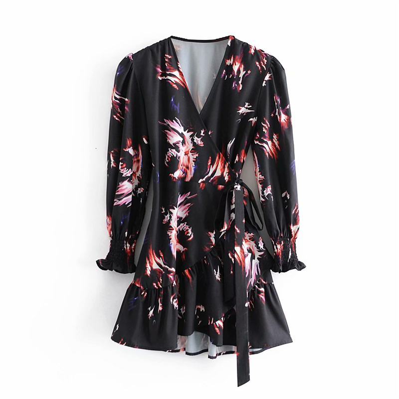 

2021 New Elegant Women V-neck Print Es Fashion Ladies Asymmetric Mini Streetwear Female Chic Sashes Patchwork Vestidos Xi1u, Black