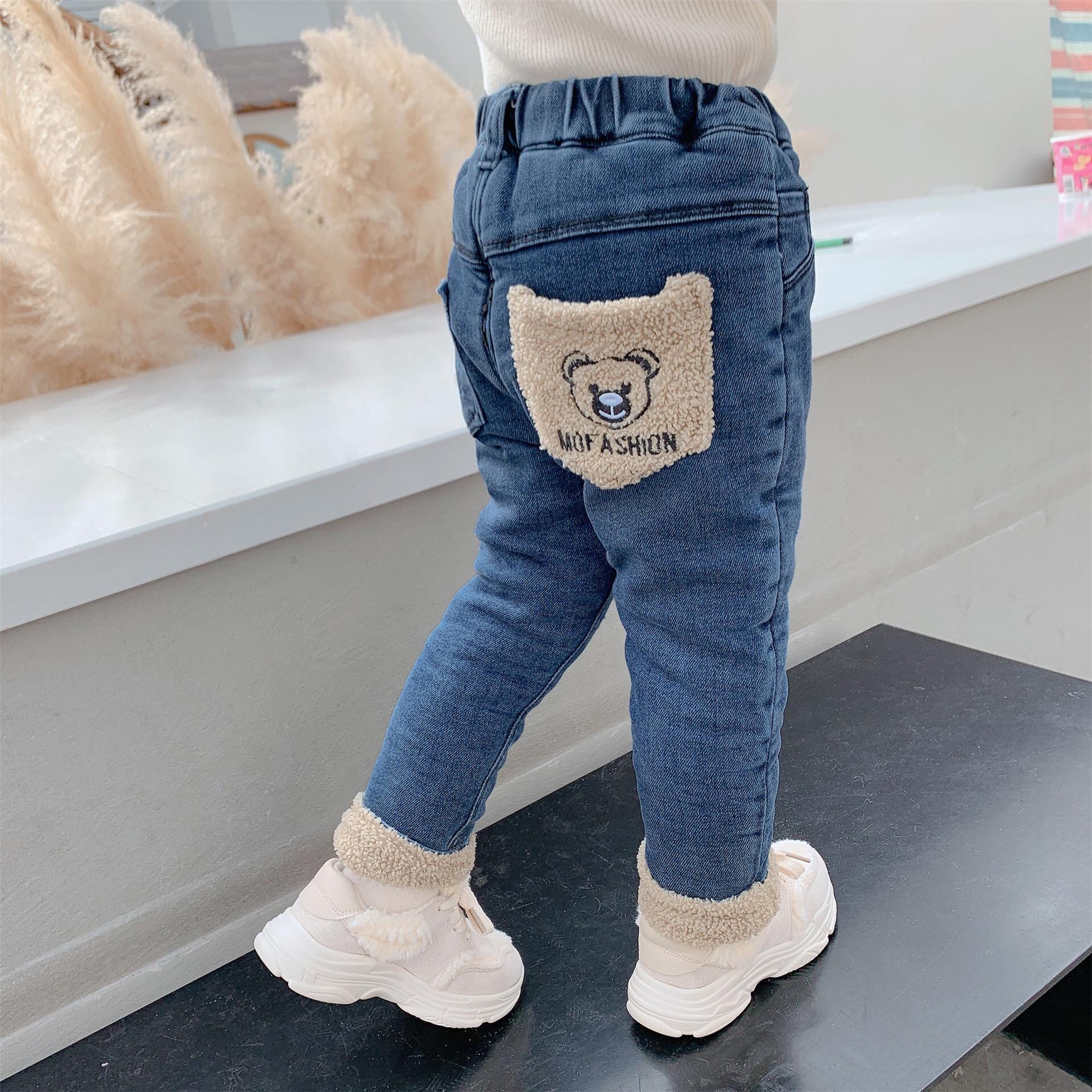 

Female children's trousers a winter three-layer thick Korean jeans baby new warm children trousers wear, Blue
