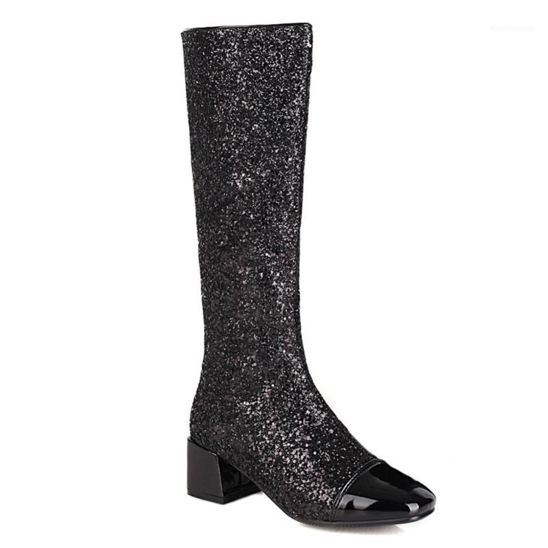 

Glitter Stitching Patent Leather Knee-Length Boots Sequined Thick Heel Square Toe Shiny Women's Boots Winter Short Plush Shoes1, Black