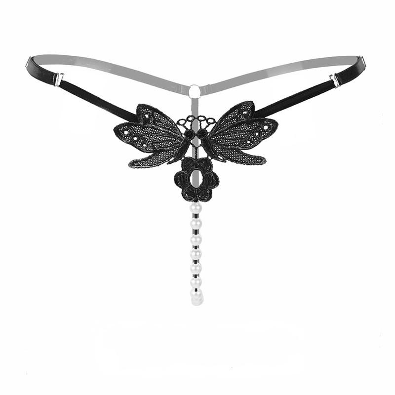 

Luxury embroidered pearl sexy underwear lady transparent seduction Thong waist adjustable size T trouser head, Black