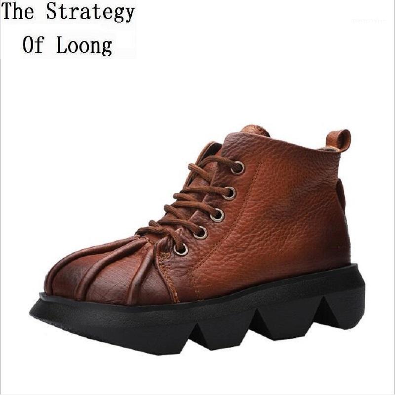 

2020 New Women Spring Autumn Winter Retro Thick Sole Ankle Boots Ladies Genuine Leather Handmade Lace-Up Short Boots 202010191, Brown
