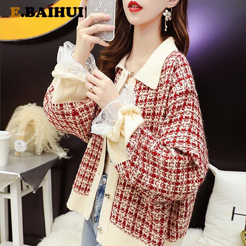 

E-BAIHUI 2020 Autumn Cardigan Ladies Vintage Kinted Jackets Loose Short Stitching Lace Cuffs Check Plaid Sweater Jacket Women, Black