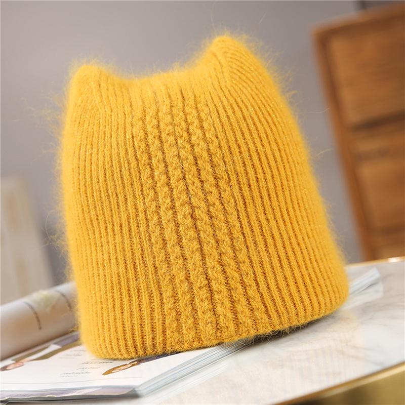 

Simple New Women Beanie Hat With Ear Winter Knitted Skullies Warm Woolen Cap Earmuff Solid Color Female Hat, Black