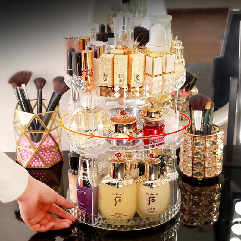 

360 Degree Rotating Makeup Storage Rack Height Adjustable Cosmetics Organizer Assembly Skin Care Holder Bathroom Display Case