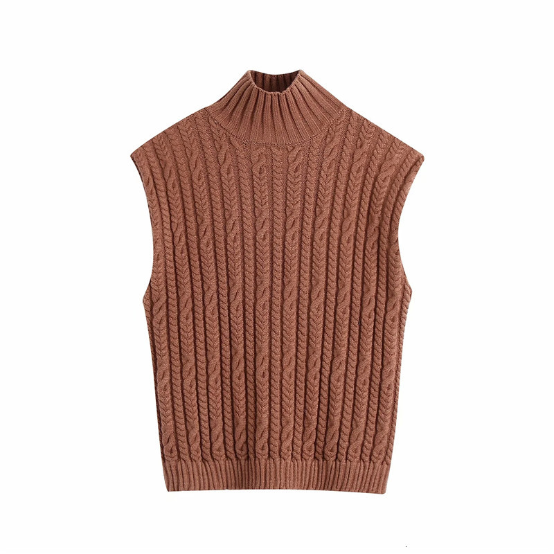

2021 New Brown Women Winter Cable Knitted Turtleneck Cropped Sleeveless Sweater Vest Tops Casual Pullovers 2rq6