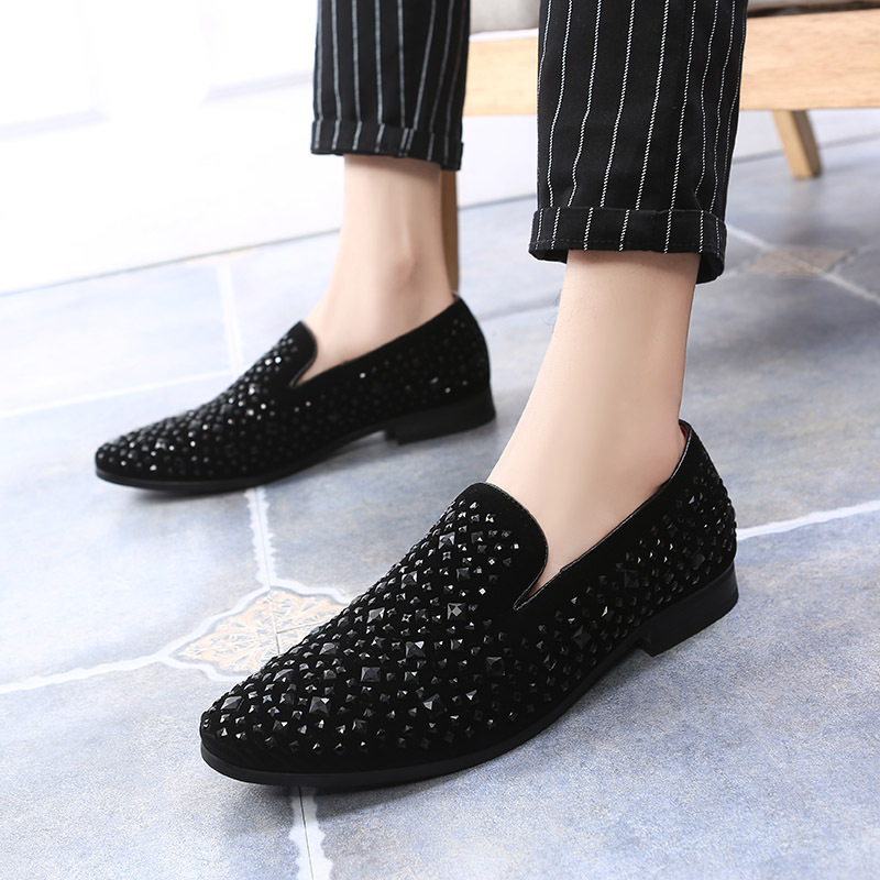 

with moccasins Male noble velvet casual crystal black rhinestones... soft dress shoes... moccasins... big size 56GO
