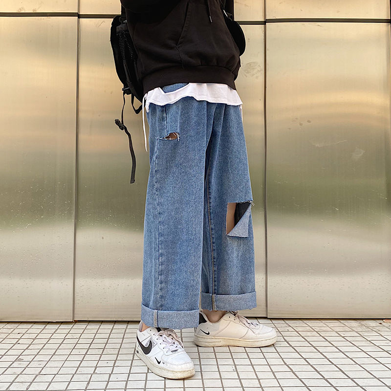 

Men's Brem 2021 Spring/winter New Self-cultivation Hole Wildly Tended Leg Pants Wide Jeans Male Clothes FX6L, Blue