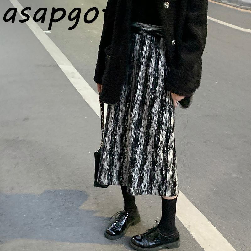 

2020 Autumn Winter New Slim Mid Length High Waist Plus Size Black White Striped Skirts Split Women Fashion Vinatge Faldas Mujer