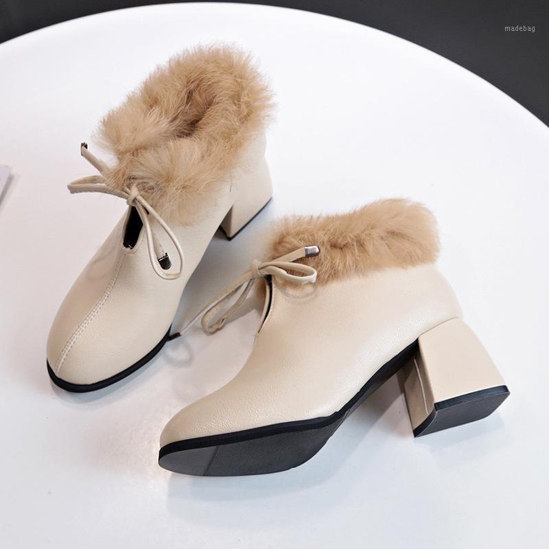 

2020 Winter New Thick Heel High Heel Boots Fashion Retro Women's Boots Plus Velvet Lace-up Women's Shoes W22-701, Beige