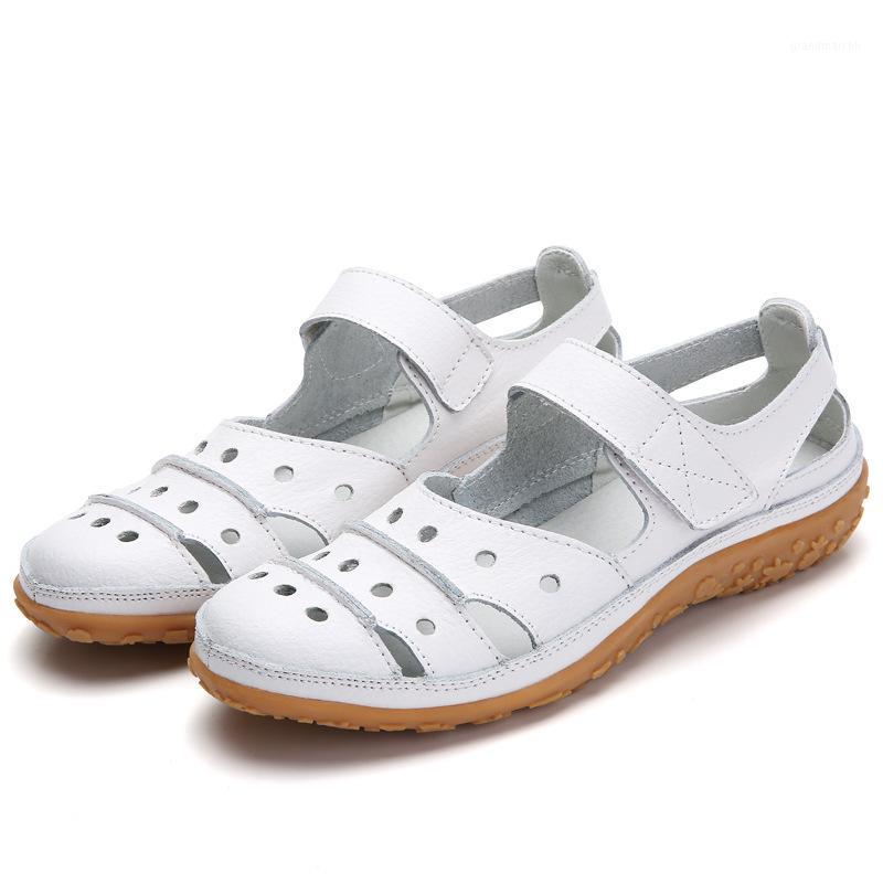 

Mother Women's Female Ladies Genuine Leather White Shoes Sandals Hook Loop Summer Cool Beach Hollow Soft Large size 431