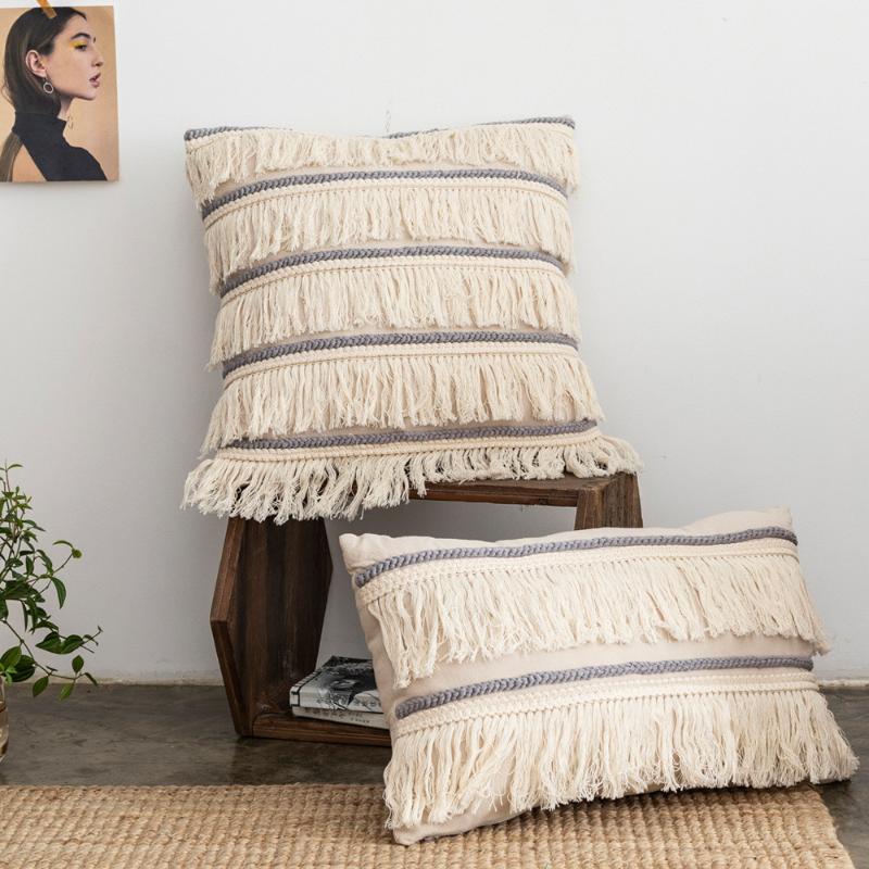 

Cilected Nordic Ins Cotton And Linen Long Fringe Pillow Cover Embroidered Sofa Cushion Cover Home Bed Decorative Pillow Cases, B30x50cm