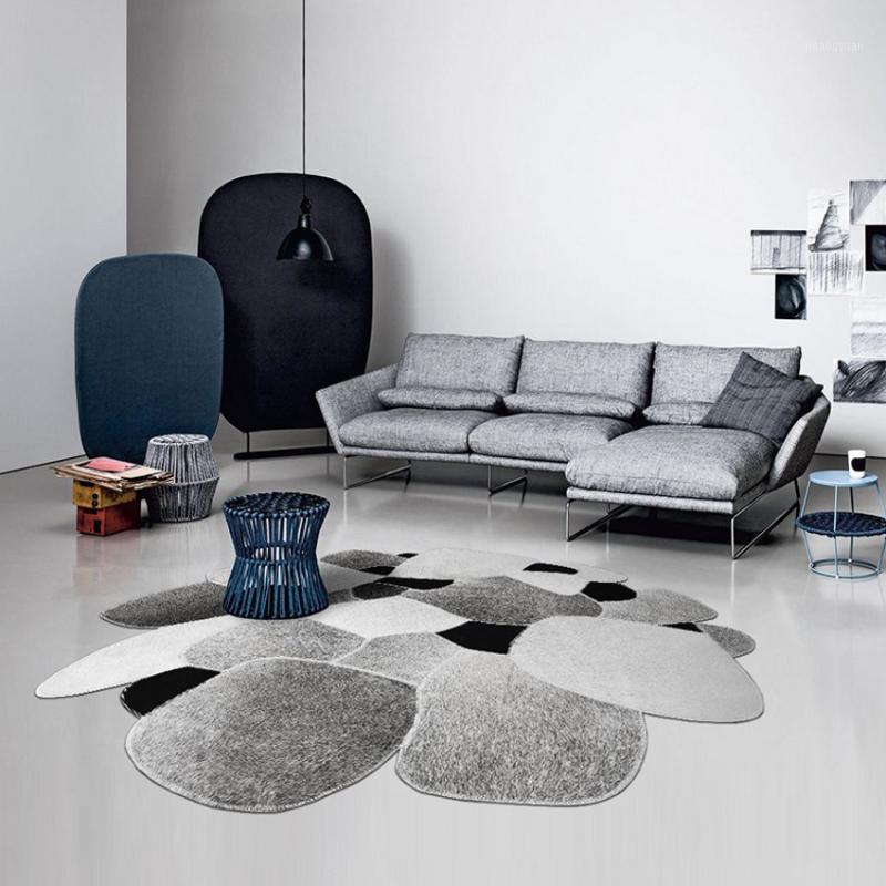 

American style cowhide skin handmade patchwork rug in gray color,decoration abstract cobblestone pattern fur living room carpet1, As picture