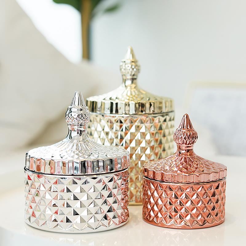 

Rose Gold Diamond Glass Jars with Cover Nordic Golden Silver Kitchen Spices Candy Storage Box Jewelry Decoration Glass Container