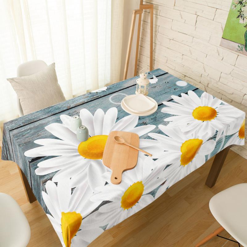 

White Daisy Butterfly Wood Grain Tablecloth Linen Cotton Table Cloth Spandex Elastic Dining Chair Slipcover Kitchen Table Cover, As pic