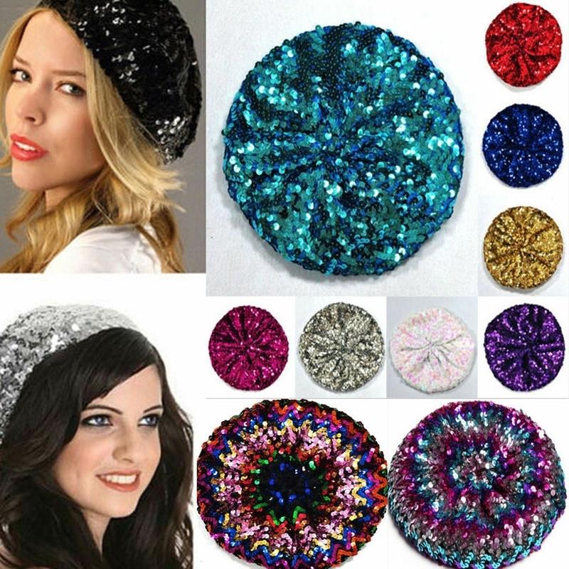 

2020 Women Glitter Stretch Metallic Shining Sequin French Beret Hat Club Fashion Hat, 10