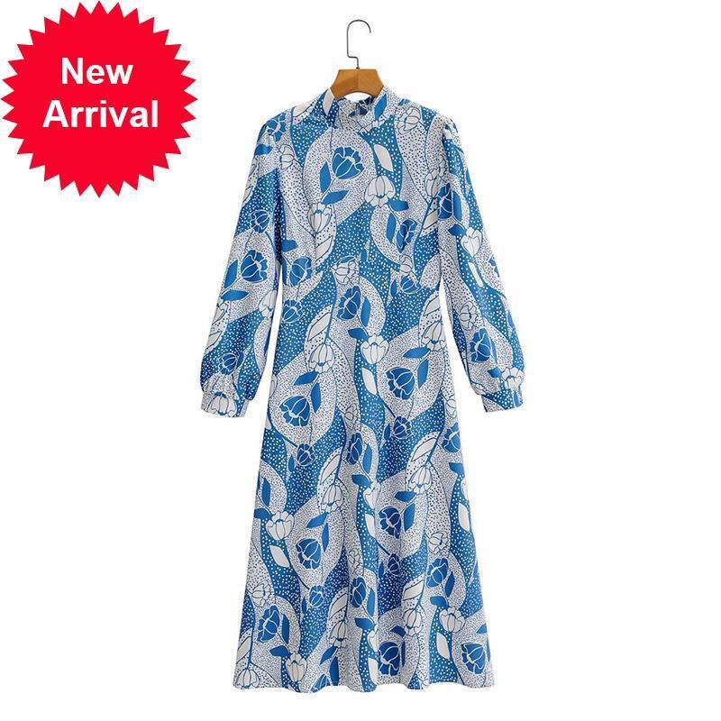 

New Fashion 2021 Design Autumn Vintage Printing Long Sleeve Blue Elegant High Quality Thin Dress New 9URE