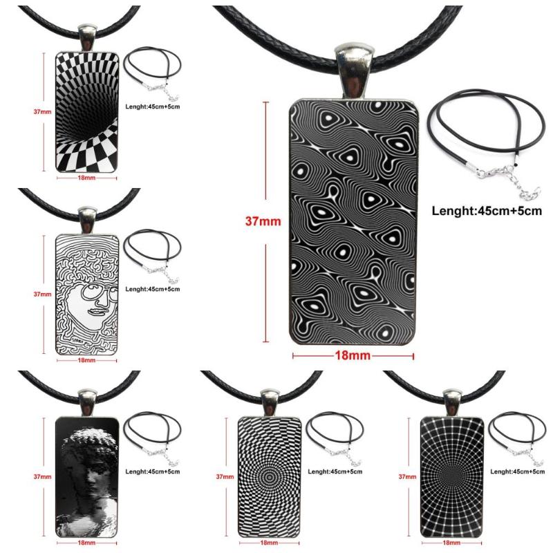 

Art Black And White Trippy Glass Cabochon Jewelry Steel Color With Long Pendant Choker Rectangle Necklace For Girls