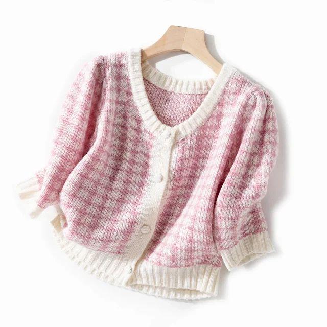 

Women Cardigan 2020 New Retro V-neck Mohair Short Check Knitted Cardigan Sweater, Green