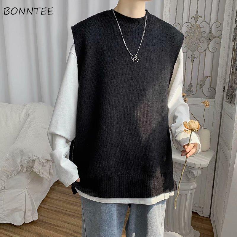 

Men Sweater Vest Couples Solid Simple Loose Side-slit Sleeveless Knitted Sweaters Male Ins Chic Trendy Daily Basic Streetwear, Black