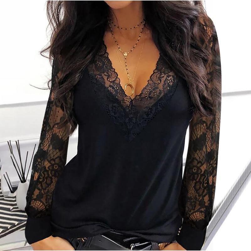 

40#Fashion Womens Shirts Casual Sexy Lace Mesh Stitching V-neck Long Sleeve Blouses 2021 Top for Women Pullover Elegant blusas, Black