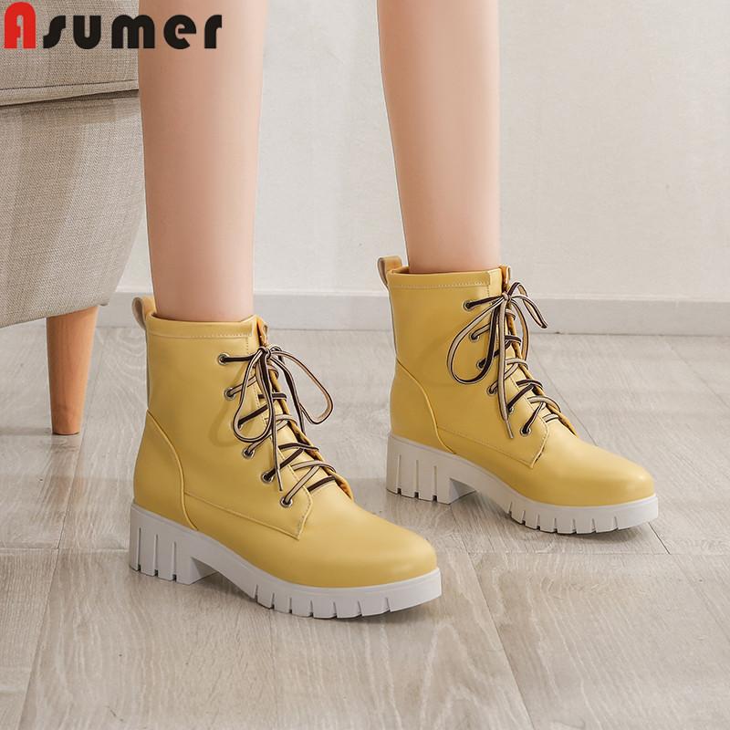

ASUMER big size 34-43 fashion ankle boots for women round toe lace up ladies boots med heels autumn winter 2020, Beige