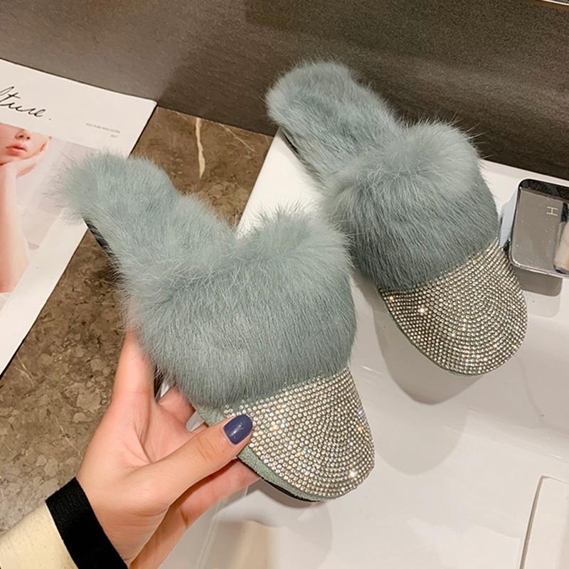 

Women Slippers Furry Fluffy Fur Slides Home Indoor House Lady Crystal Outside Mules Shoes Woman Female Ladies Slippers For Women, Green