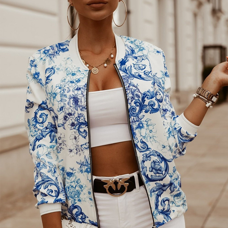 

2021 Women Autumn Floral Print Zippers O-neck Long Sleeve Streetwear Jackets New Casual Thin Vintage Short Coats 1aey, Wd192bk