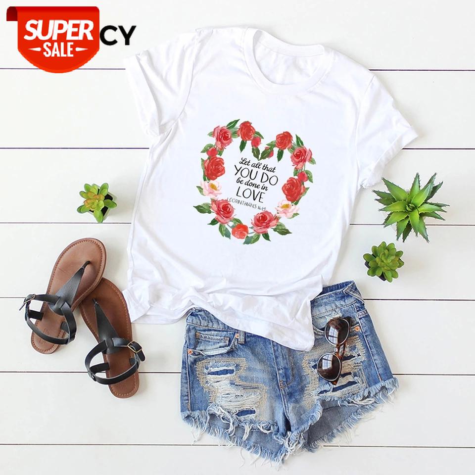 

JFUNCY Flowers Heart Print 100% Cotton Summer T Shirt Women Short Sleeve T-shirt Female Tees Plus Size Casual Camiseta Mujer Top #GR5B, White