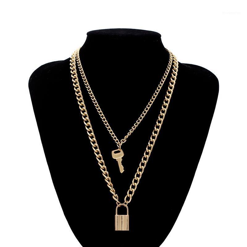 

Women Jewelry Silver Color PadLock Key Pendant Necklace Multilayer Stainless Steel Rolo Cable Chain Necklace Friendship Gifts1