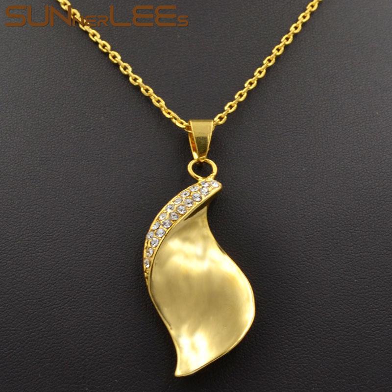 

SUNNERLEES Fashion Jewelry Gold-Color Pendant Necklace Clear Cubic Zirconia Smooth Leaf Optional Chain For Mens Womens P12 Y