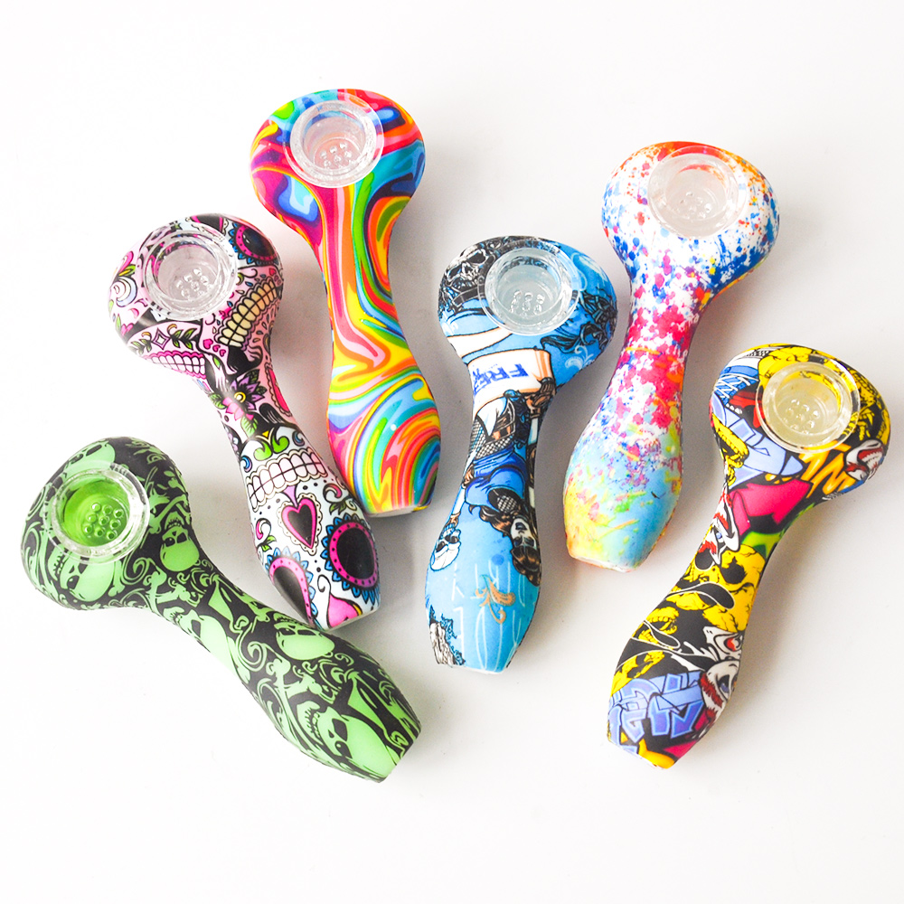 

4.5 inches Silicone Smoking pipe Tobacco Hand Pipe with glass bowl Oil Dab Rigs Oil Burner glass pipe smoke accessory