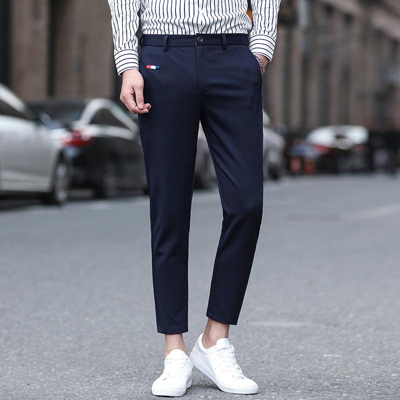 

2021 Men's British Business Dress Pants Slim Embroidered Casual Streetwear Office Social Trousers Cropped Pants Costume Homme, Black