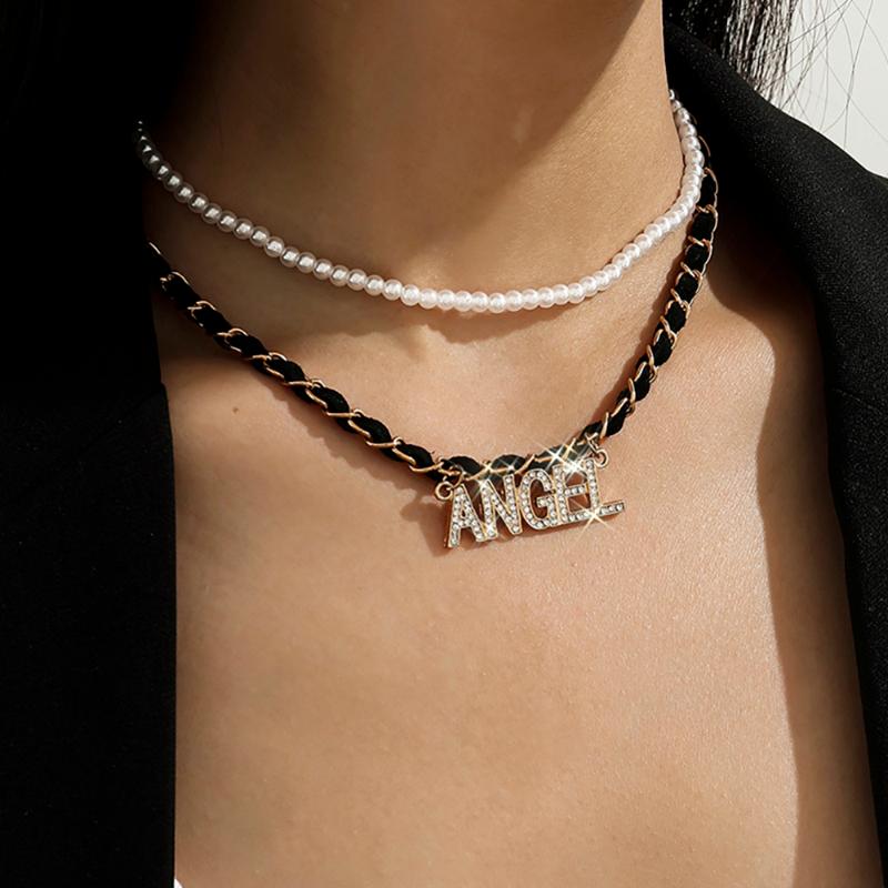 

Lacteo Fashion Metal Flannel Mixed Chain Choker Necklace Steampunk Letter Rhinestone Imitation Pearl Necklace Jewelry for Women