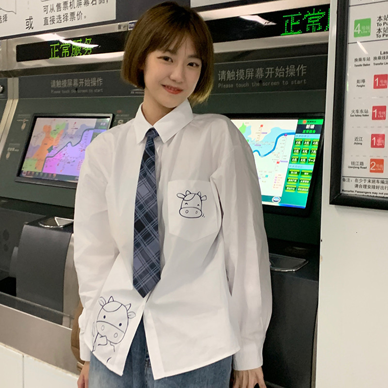 

2021 New Spring autumn cartoons the cow print long sleeve loose of women tops and shirt with tie (f4248) SLOC, White