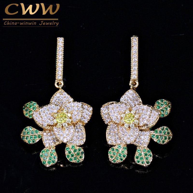 

CWWZircons Gold Color Green Cubic Zirconia Stones Luxury Micro Pave Flower Dangle Drop Earrings Fashion Brand Prom Jewelry CZ278