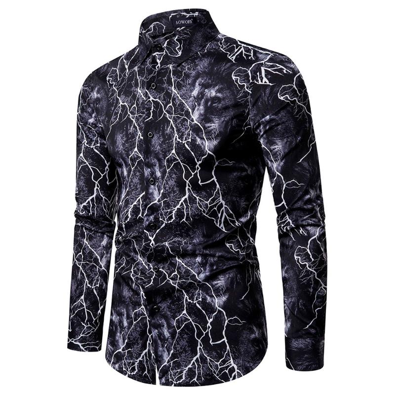 

Mens Ethnic Style Vintage Printing Slim Long Sleeve Dress Shirt Blouse Tops Hip Hop Casual Streetwear Shirts Men Fashion Top, Black