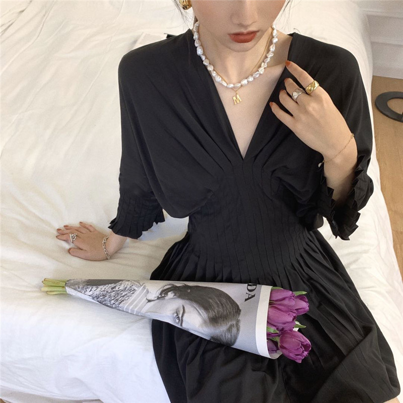 

2021 New Moda Design Simples Decote Em a Linha Vero Batwing Manga Cintura Magro Mini Verde Preto Branco Camisola Vestido 2WW0, Black