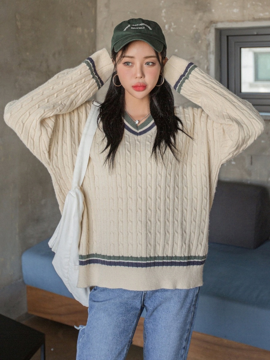 

DAZY Striped Trim Drop Shoulder Cable Knit Cricket Sweater R0Sk#, Beige