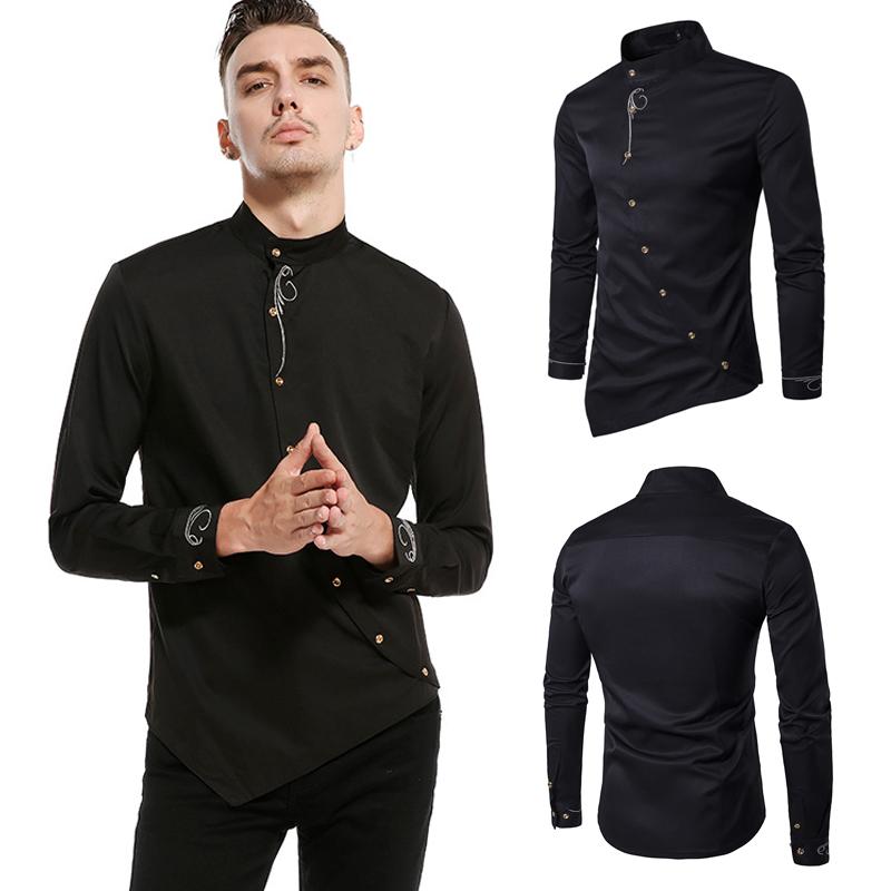 

Solid color slim casual T-shirt Men' Plain Shirt Men Oblique Button Irregular Embroidery Casual Long Sleeve Shirts, White