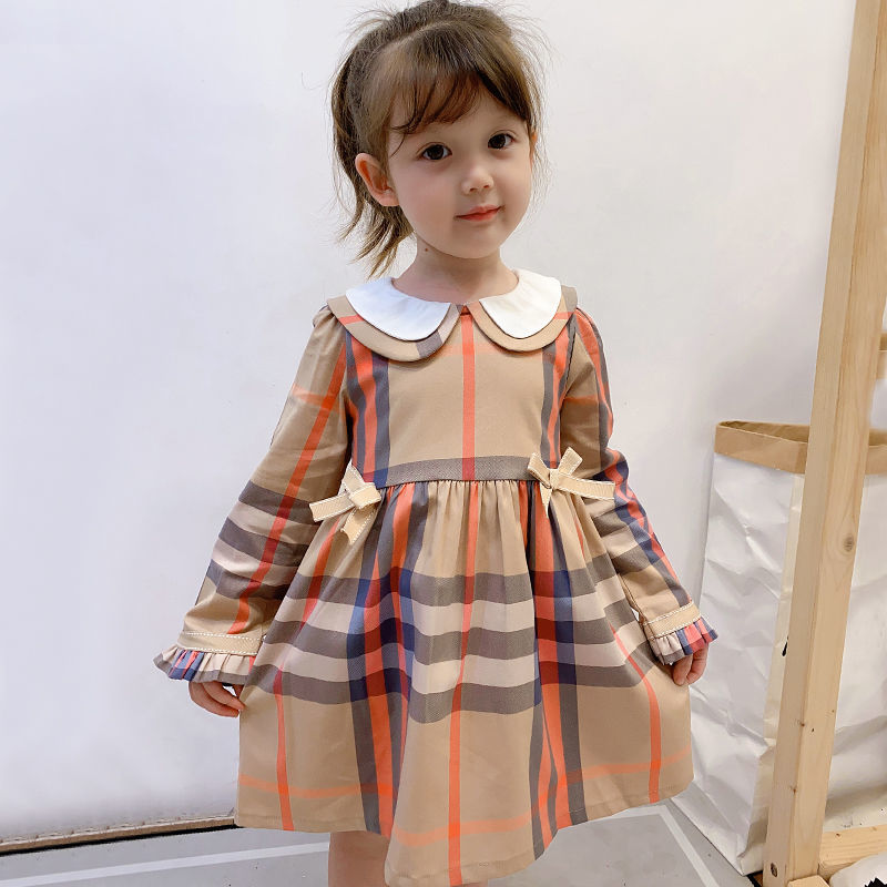 

Sping Autumn long sleeve Baby Girl Designer Clothing Dress Summer Girls Sleeveless Dress Cotton Baby Kids Big Plaid Bow Dress Multi Colors, #1 khaki