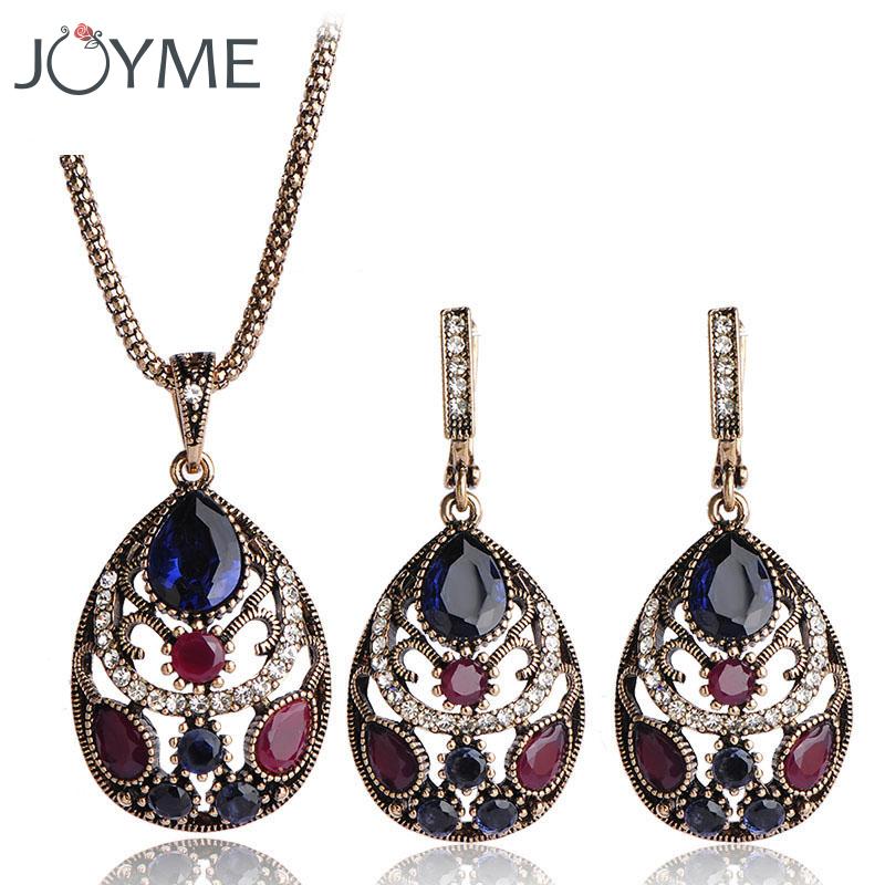 

Luxury Vintage Jewellery Sets for Women Earring Necklace Set With Stones Dubai Gold Antique Red Wedding Turkish Jewelry, As pic
