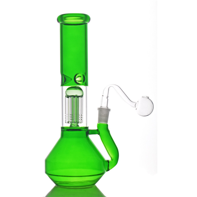

wholesale 10.5 inchs green glass beaker Bong 6 Arm Tree Perc dab Oil Rigs recycler bong With tobacco pieces and 14.4mm glass oil burner pipe