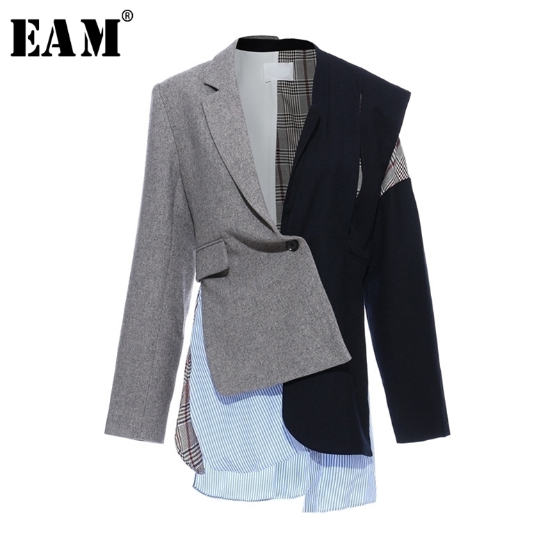 

[EAM] Women Gray Plaid Striped Split Joint Blazer New Lapel Long Sleeve Loose Fit Jacket Fashion Tide Spring Autumn 1T134 201114