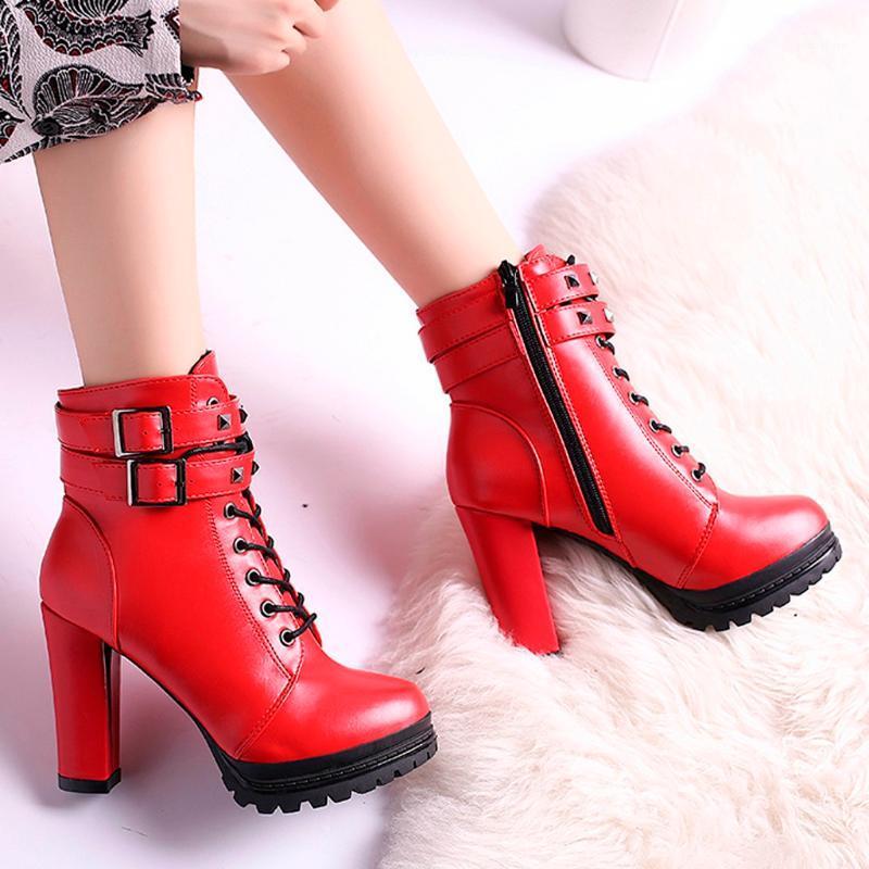 

Women Boots 2020 Fashion Woman Winter High Heel Boot High Quality Pu Leather Squared Heel Warm Shoes Ladies Platform Ankle Boots1, Rd