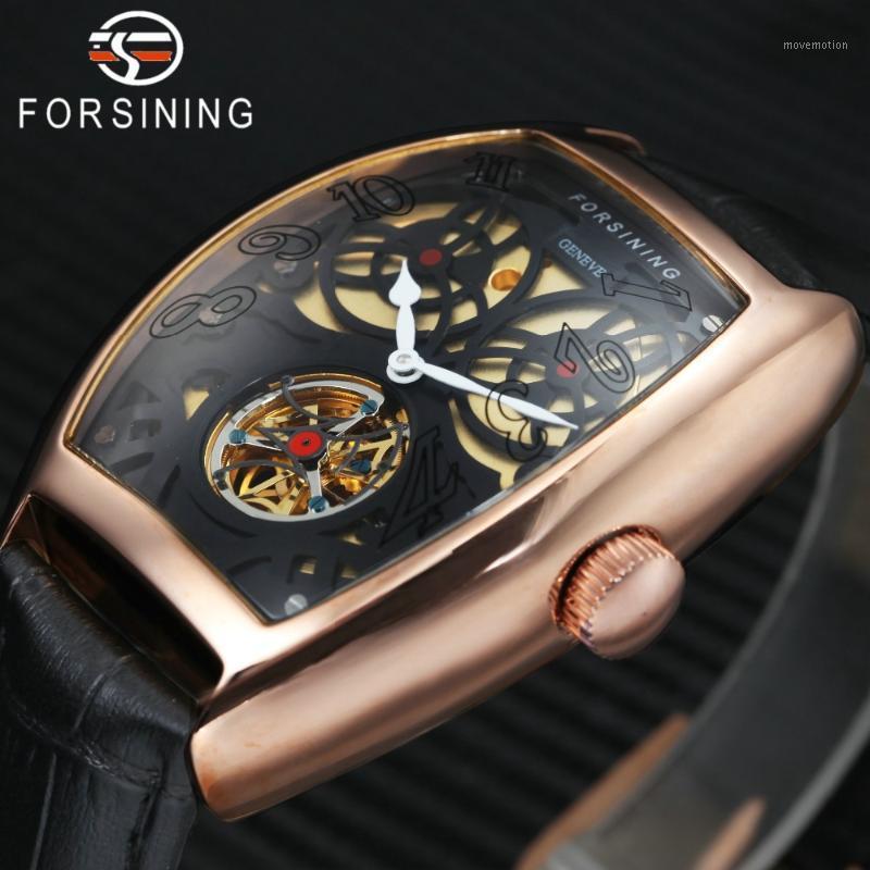 

FORSINING Men Auto Mechanical Watch Genuine Leather Strap Skeleton Dial Tonneau Design Waterproof Top Wristwatch1, Golden golden
